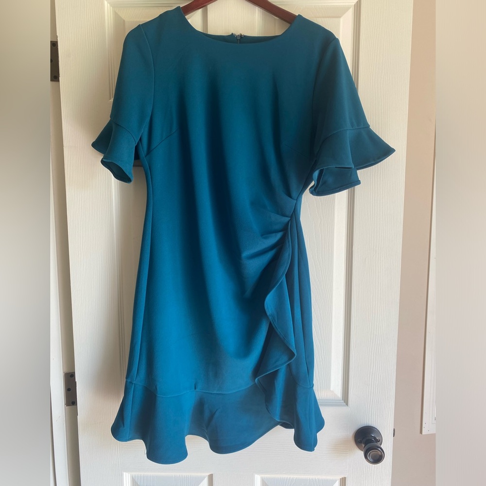 She + Sky Teal Midi Dress with Ruffle Detail